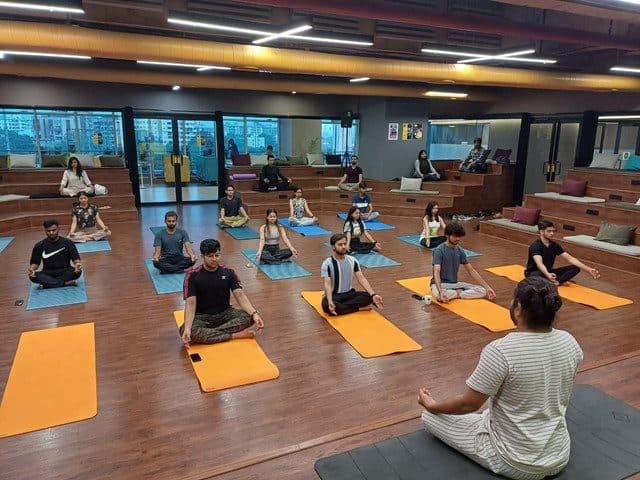 A large indoor group yoga session led by Yogic Company